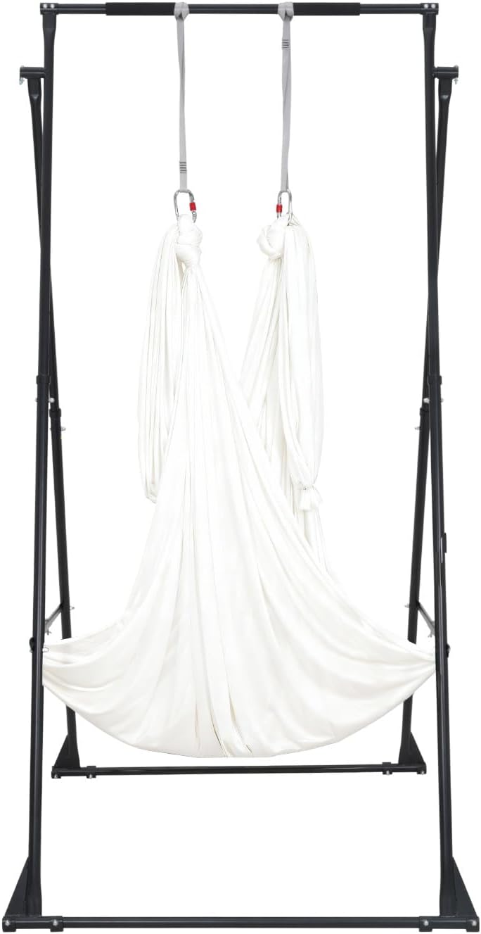 VEVOR Yoga Stand Frame, Max 440.9 lbs Load Swing Stand, Triangular Structure Aerial Rig, Aerial Silk Stands with EVA Foam & 6.6-Yard Yoga Hammock, 4-Level Horizontal & 6-Level Vertical Adjustment