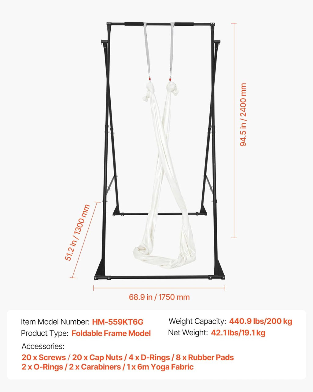 VEVOR Yoga Stand Frame, Max 440.9 lbs Load Swing Stand, Triangular Structure Aerial Rig, Aerial Silk Stands with EVA Foam & 6.6-Yard Yoga Hammock, 4-Level Horizontal & 6-Level Vertical Adjustment