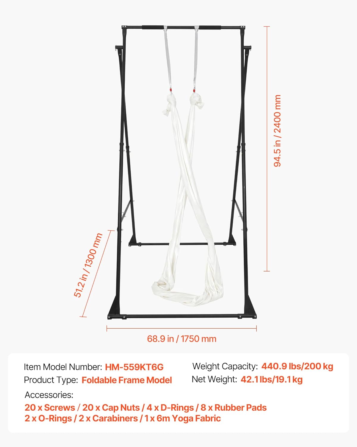 VEVOR Yoga Stand Frame, Max 440.9 lbs Load Swing Stand, Triangular Structure Aerial Rig, Aerial Silk Stands with EVA Foam & 6.6-Yard Yoga Hammock, 4-Level Horizontal & 6-Level Vertical Adjustment
