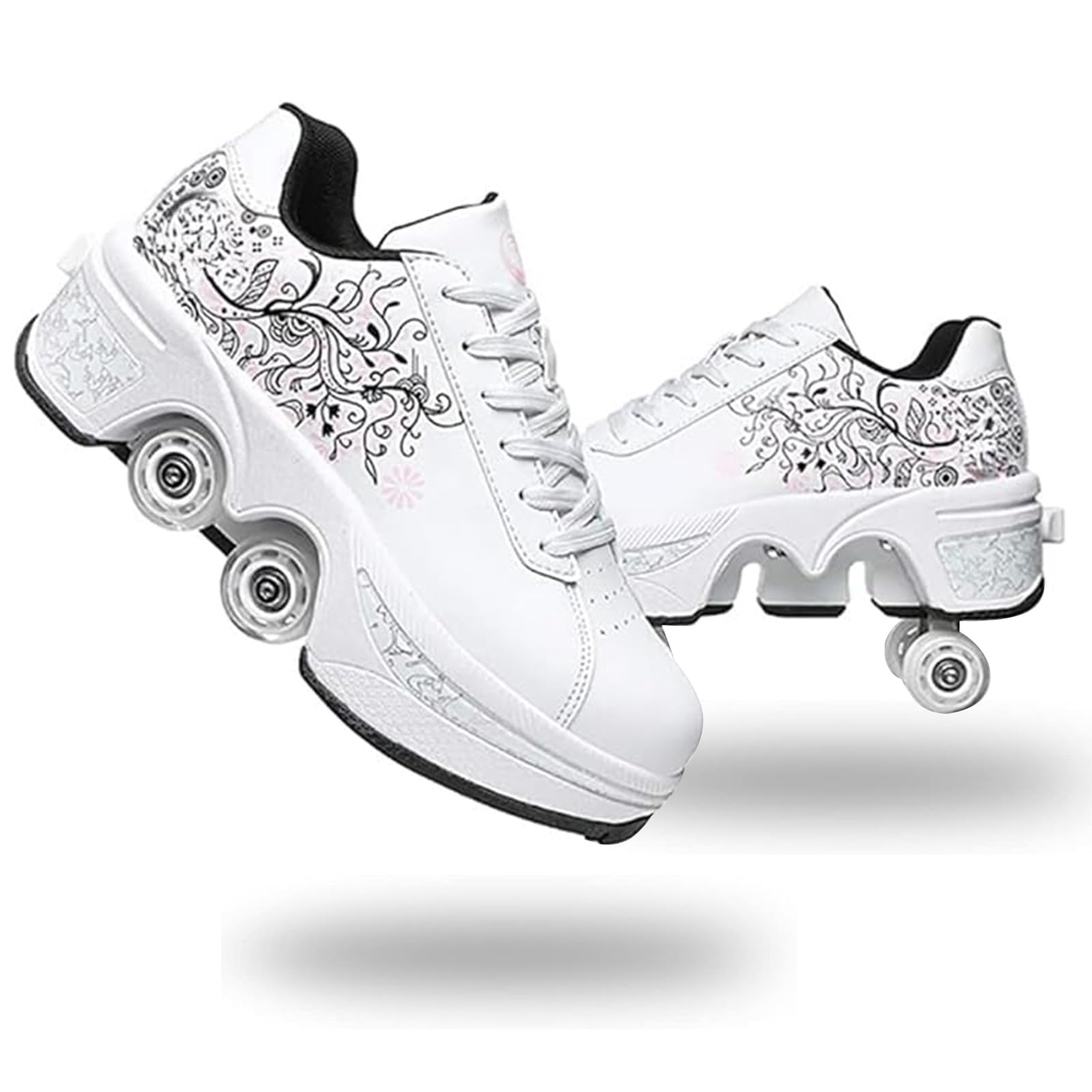 2-in-1 Roller Skate Shoes for Women Men, Double-Row Deform Retractable Removable Roller Skates, Shoes with Wheels for Girls/Boys, Sneakers with Wheels for Outdoor