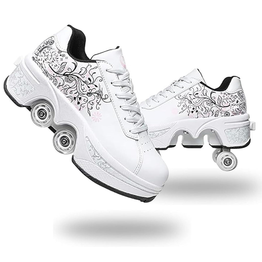 2-in-1 Roller Skate Shoes for Women Men, Double-Row Deform Retractable Removable Roller Skates, Shoes with Wheels for Girls/Boys, Sneakers with Wheels for Outdoor