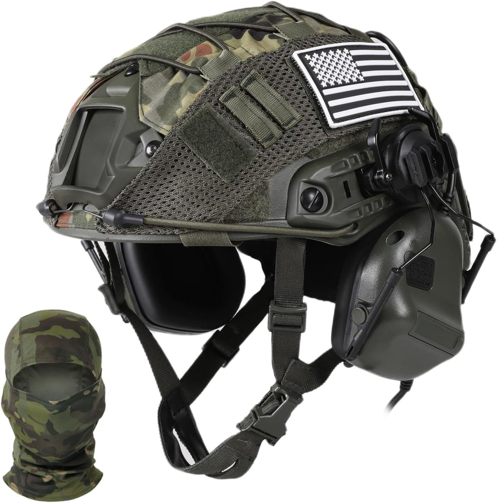 Tactical Helmet with Headset,Adjustable Helmet with Helmet Cover and Fcae Mask for Cosplay Military Tactical Airsoft Gear