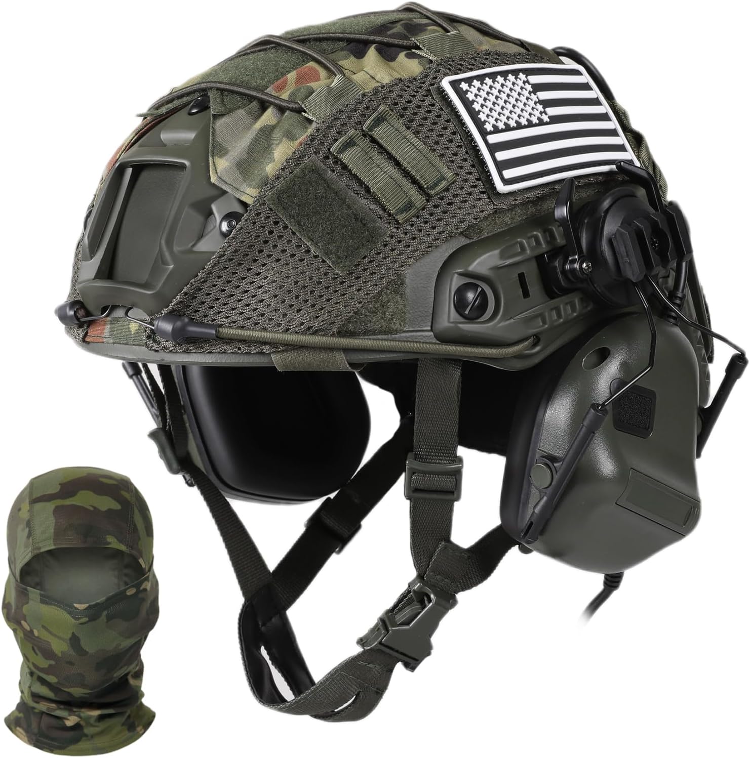 Tactical Helmet with Headset,Adjustable Helmet with Helmet Cover and Fcae Mask for Cosplay Military Tactical Airsoft Gear