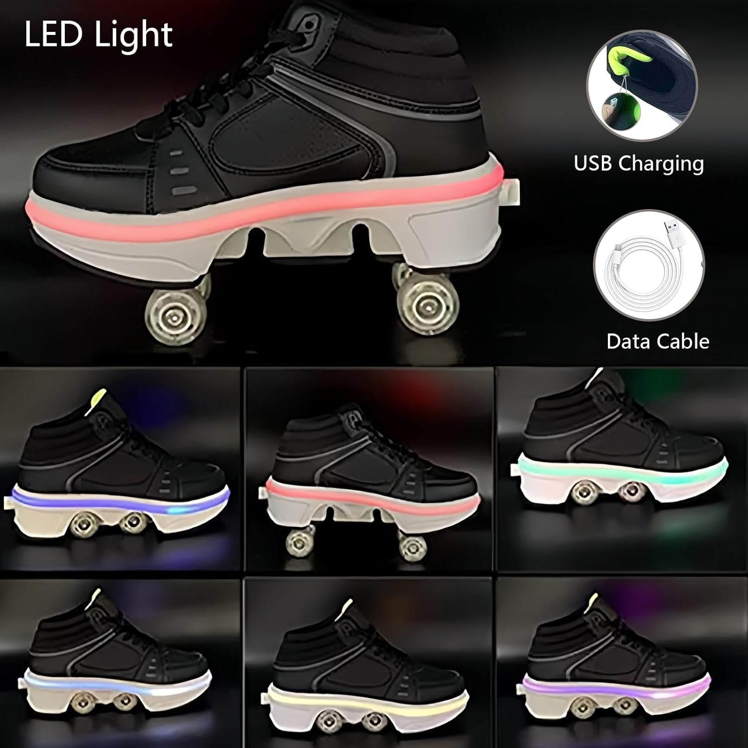 2-in-1 Roller Skate Shoes for Women Men, Double-Row Deform Retractable Removable Roller Skates, Shoes with Wheels for Girls/Boys, Sneakers with Wheels for Outdoor