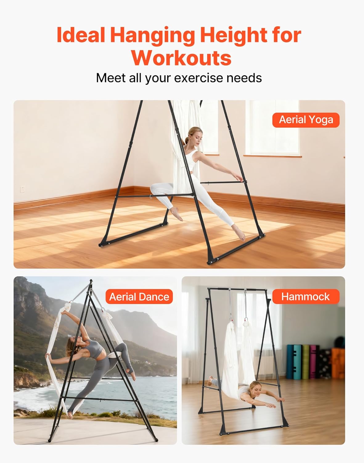 VEVOR Yoga Stand Frame, Max 440.9 lbs Load Swing Stand, Triangular Structure Aerial Rig, Aerial Silk Stands with EVA Foam & 6.6-Yard Yoga Hammock, 4-Level Horizontal & 6-Level Vertical Adjustment