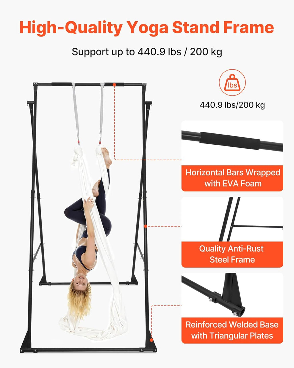 VEVOR Yoga Stand Frame, Max 440.9 lbs Load Swing Stand, Triangular Structure Aerial Rig, Aerial Silk Stands with EVA Foam & 6.6-Yard Yoga Hammock, 4-Level Horizontal & 6-Level Vertical Adjustment