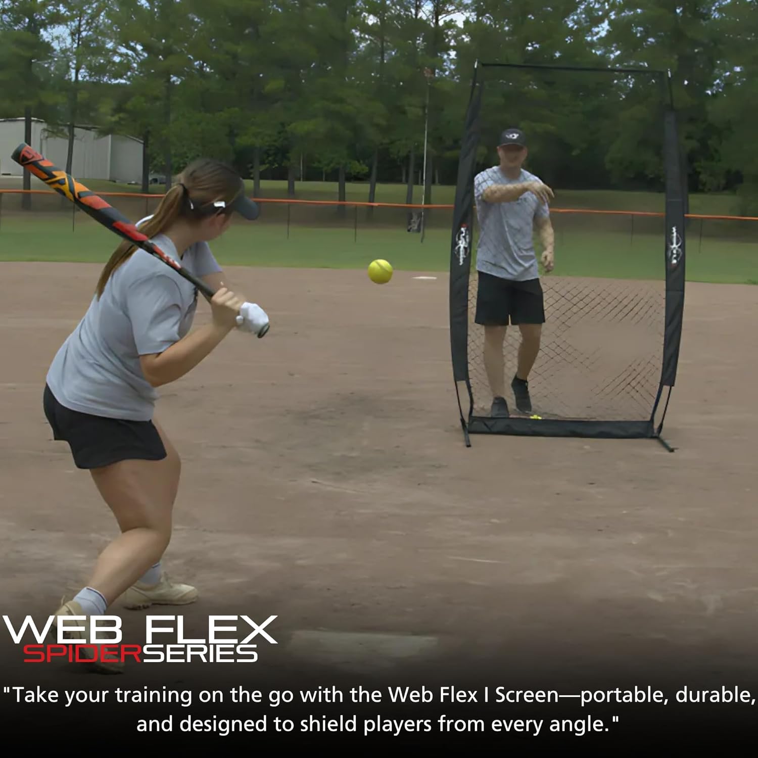Web Flex® Spider Series Baseball Bundle, 4x7 ft I-Screen & 7x7 ft Field Screen with Metal Frame, Portable Protective Net Set for Baseball & Softball Practice, Pitcher Safety & Fielding Drills