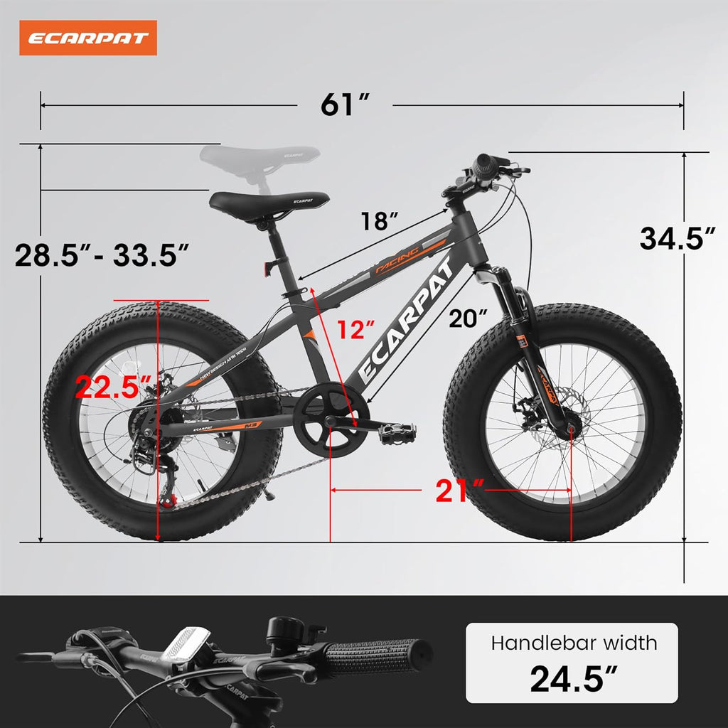 20x4 Inch Fat Tire Mountain Bike,Dual Disc Brakes Suspension Fork, 7-Speed Boys Girls Mountain Bikes, All Terrain Kids Mountain Bikes for Boys and Girls 8-15 Years Old