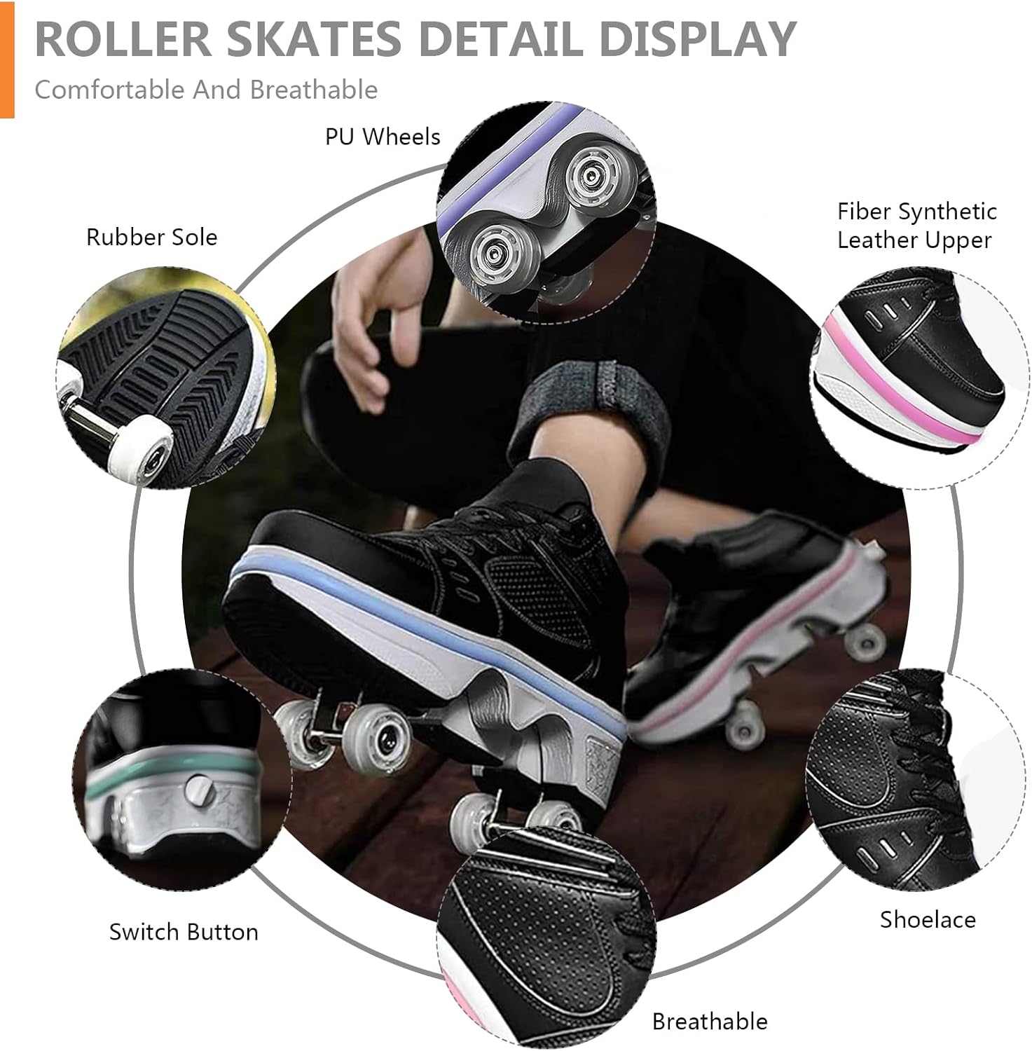 2-in-1 Roller Skate Shoes for Women Men, Double-Row Deform Retractable Removable Roller Skates, Shoes with Wheels for Girls/Boys, Sneakers with Wheels for Outdoor