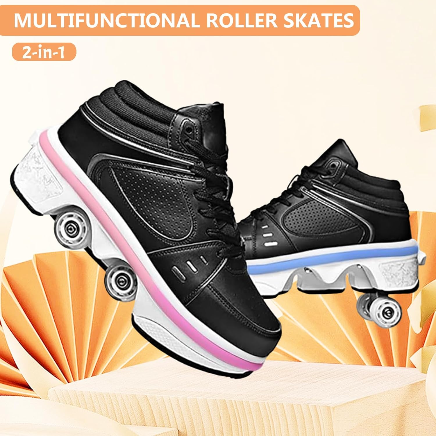 2-in-1 Roller Skate Shoes for Women Men, Double-Row Deform Retractable Removable Roller Skates, Shoes with Wheels for Girls/Boys, Sneakers with Wheels for Outdoor