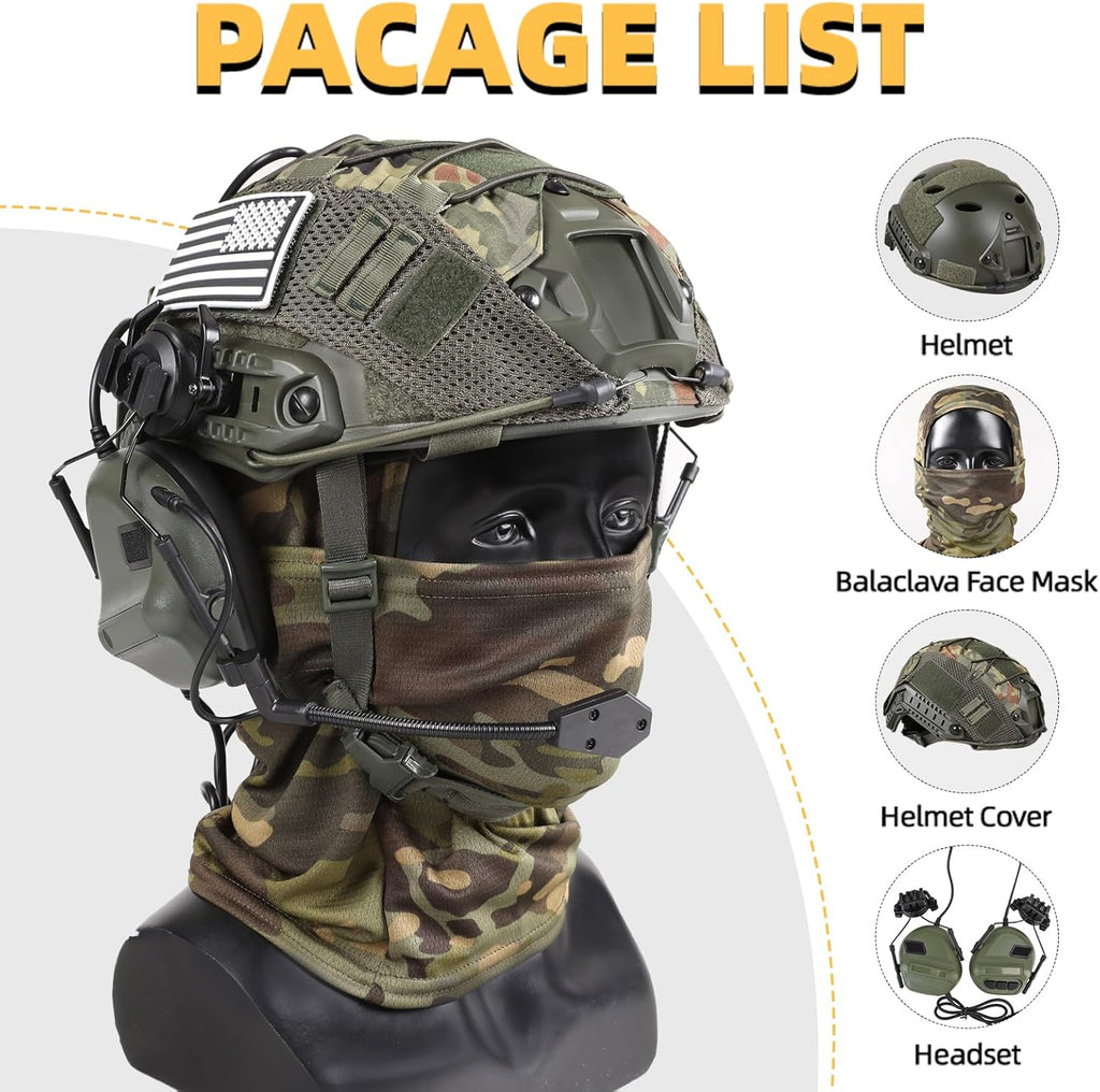 Tactical Helmet with Headset,Adjustable Helmet with Helmet Cover and Fcae Mask for Cosplay Military Tactical Airsoft Gear