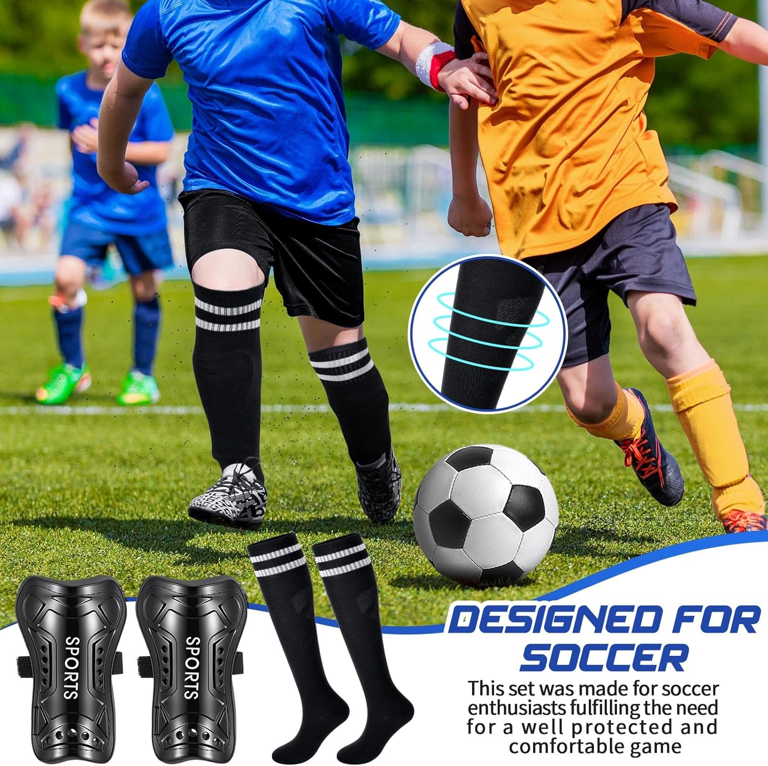 Syhood Soccer Shin Guards and Socks for Toddler Kids Youth, Lightweight Soccer Shin Pads Protective Defender Gear for 3-5, 5-10, 10-15 Years Old Children Teen Boys Girls Sports Game