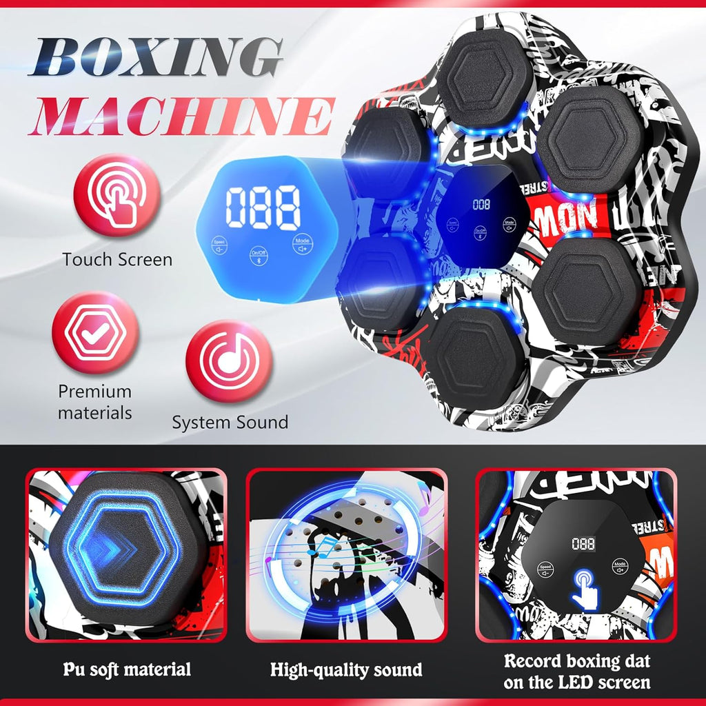 Music Boxing Machine, Smart Bluetooth Punching Machine with Gloves, 6 Target Large Size Punching, LED Electronic Workout Target with 9 Modes & 9 Speeds