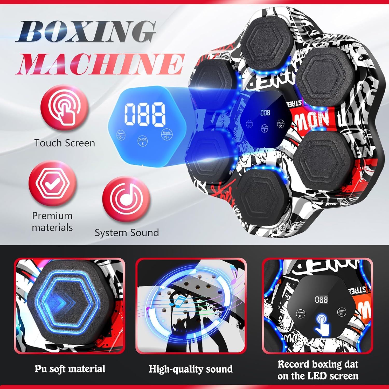 Music Boxing Machine, Smart Bluetooth Punching Machine with Gloves, 6 Target Large Size Punching, LED Electronic Workout Target with 9 Modes & 9 Speeds