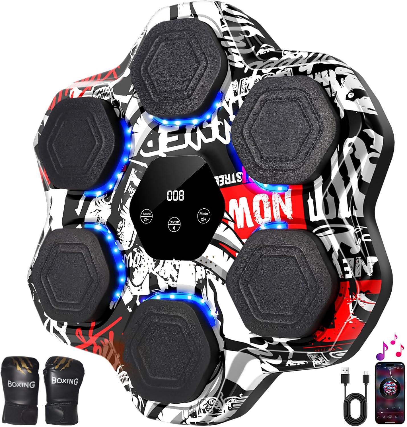 Music Boxing Machine, Smart Bluetooth Punching Machine with Gloves, 6 Target Large Size Punching, LED Electronic Workout Target with 9 Modes & 9 Speeds