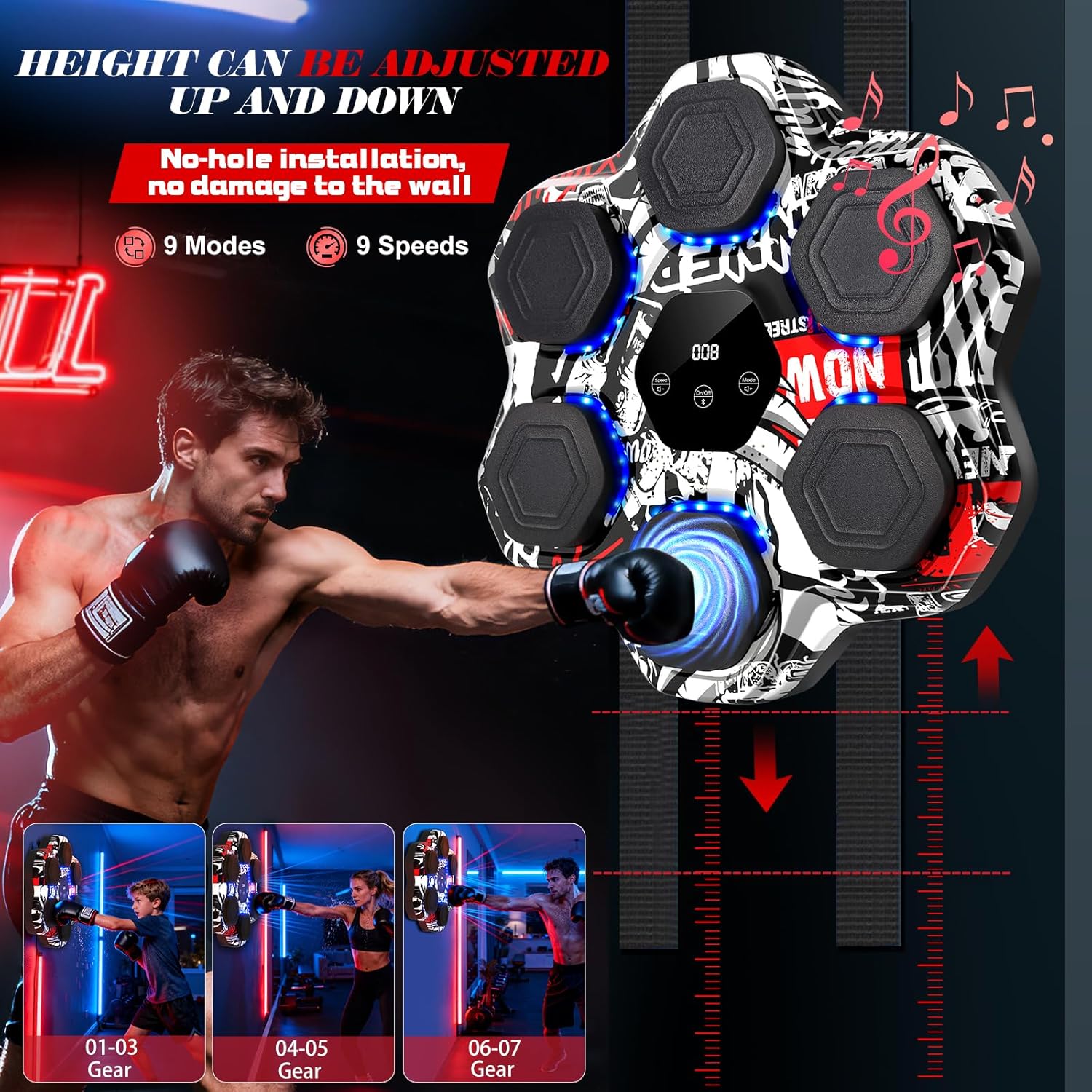 Music Boxing Machine, Smart Bluetooth Punching Machine with Gloves, 6 Target Large Size Punching, LED Electronic Workout Target with 9 Modes & 9 Speeds