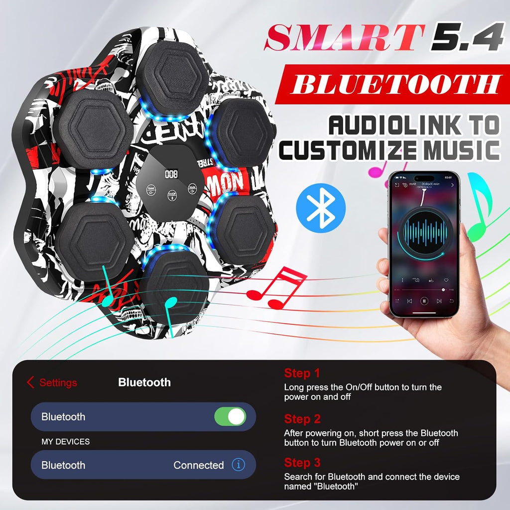 Music Boxing Machine, Smart Bluetooth Punching Machine with Gloves, 6 Target Large Size Punching, LED Electronic Workout Target with 9 Modes & 9 Speeds