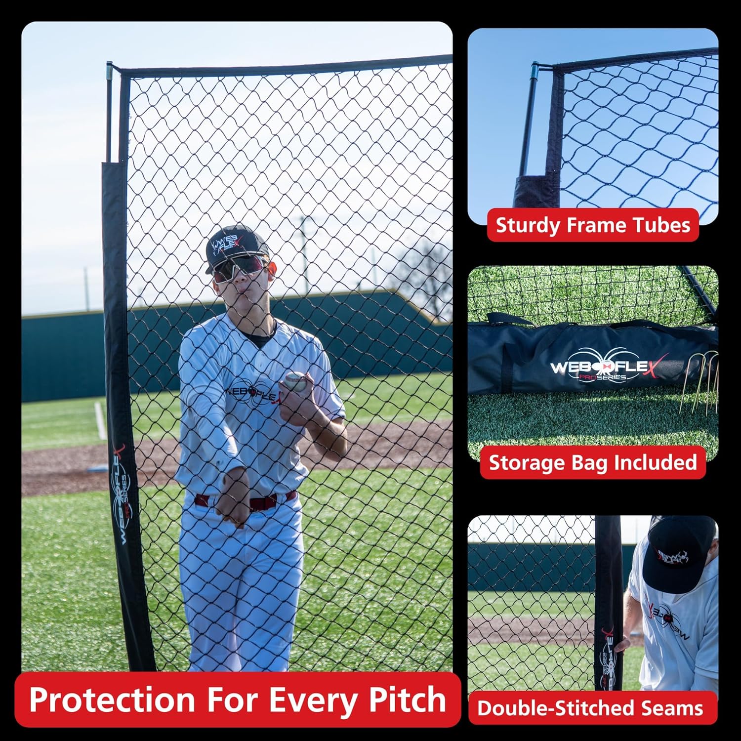 Web Flex® Spider Series Baseball Bundle, 4x7 ft I-Screen & 7x7 ft Field Screen with Metal Frame, Portable Protective Net Set for Baseball & Softball Practice, Pitcher Safety & Fielding Drills