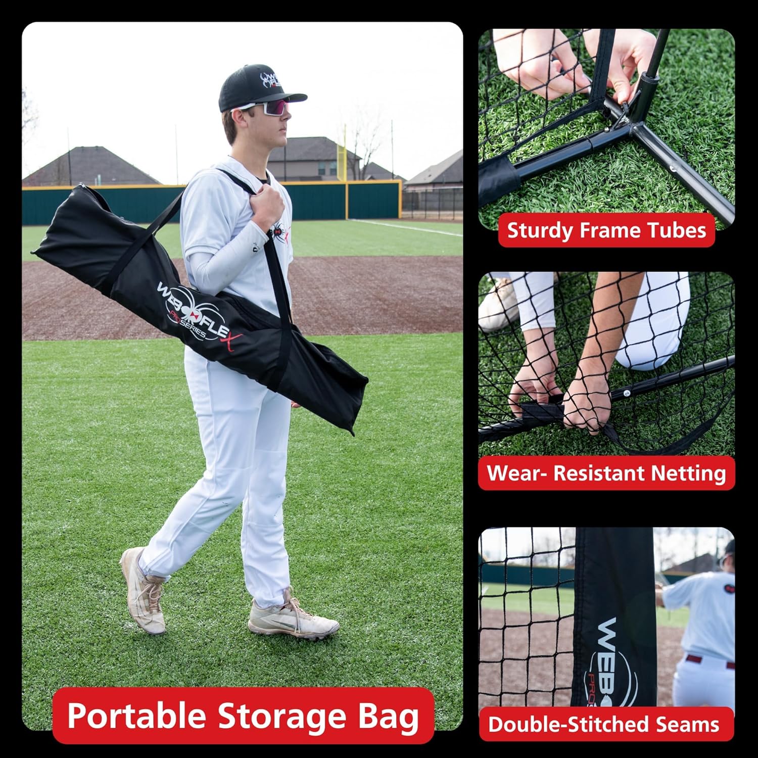 Web Flex® Spider Series Baseball Bundle, 4x7 ft I-Screen & 7x7 ft Field Screen with Metal Frame, Portable Protective Net Set for Baseball & Softball Practice, Pitcher Safety & Fielding Drills