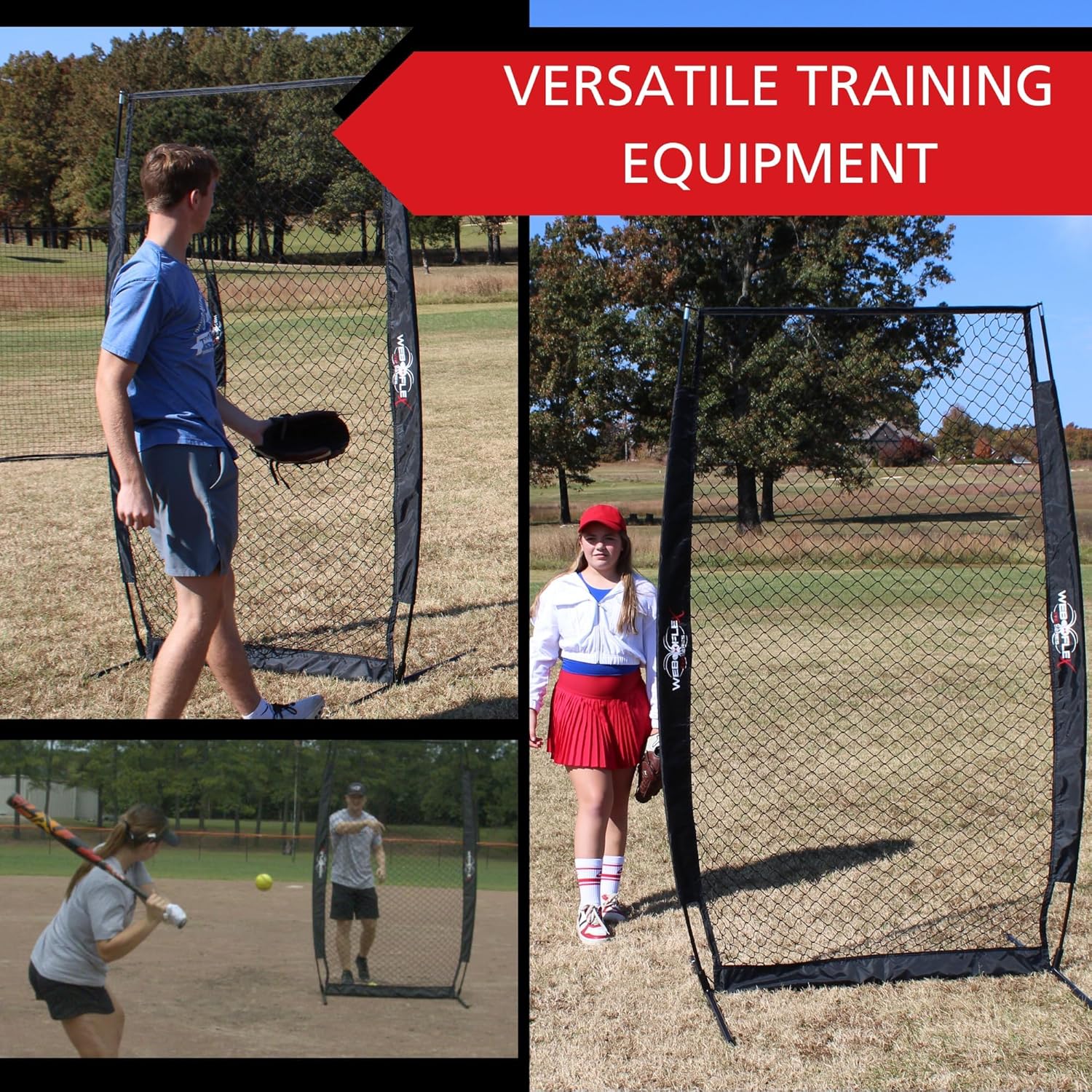 Web Flex® Spider Series Baseball Bundle, 4x7 ft I-Screen & 7x7 ft Field Screen with Metal Frame, Portable Protective Net Set for Baseball & Softball Practice, Pitcher Safety & Fielding Drills